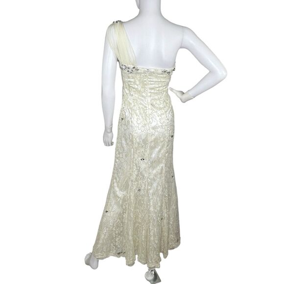 Size 6 Maxi One Shoulder Lace Gown Maxi Dress Whimsical Fairy Angelic Prom Ivory - Picture 3 of 9